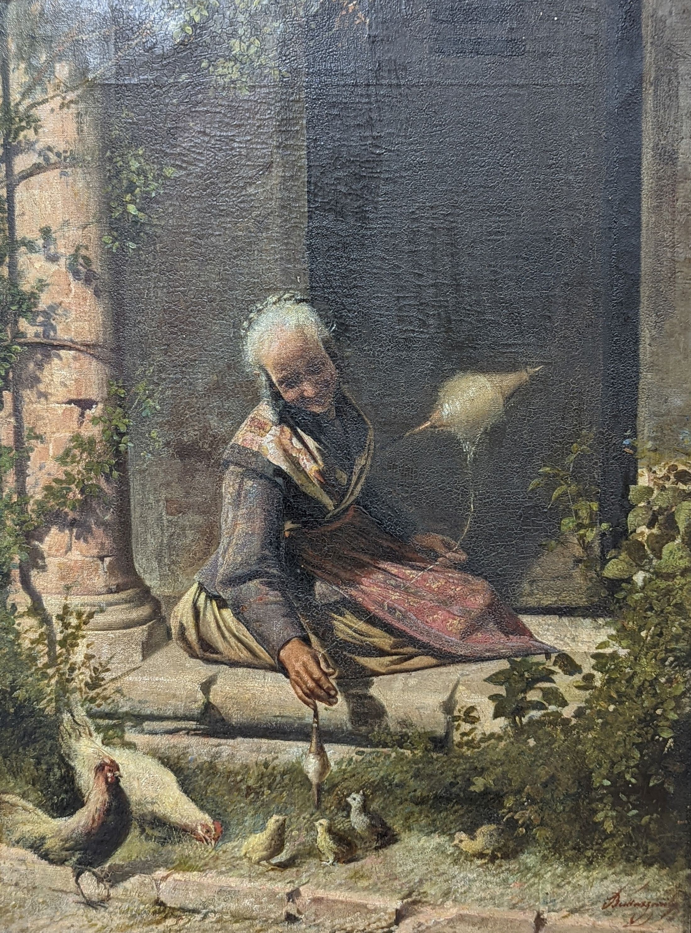 Italian School, oil on canvas, Woman spinning yarn beside chickens, signed, 49 x 37cm